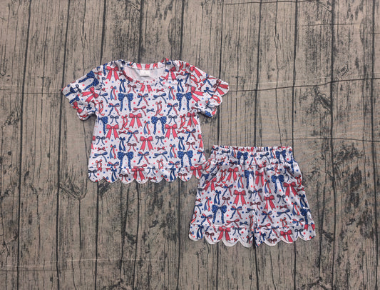preorder Samples GSSO3548 July 4th Red Blue Bows Short Sleeve Shorts Girls Set