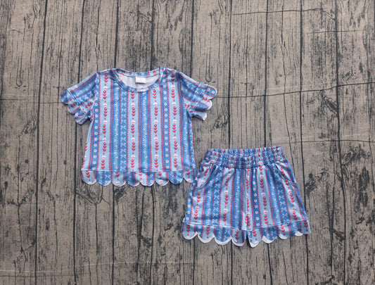 preorder Samples GSSO3554 July 4th Red Blue Flowers Short Sleeve Shorts Girls Set