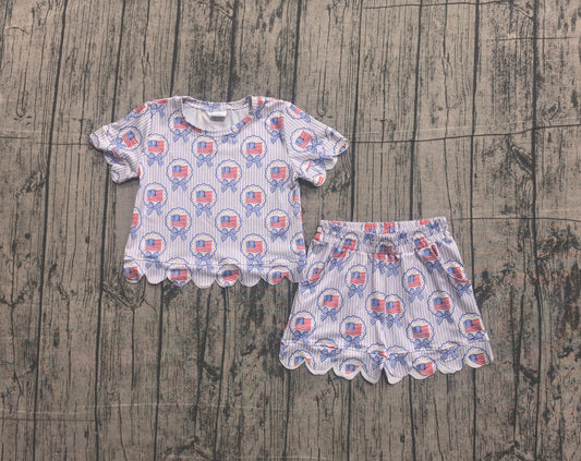 preorder Samples GSSO3555 July 4th Flag Bows Short Sleeve Shorts Girls Set