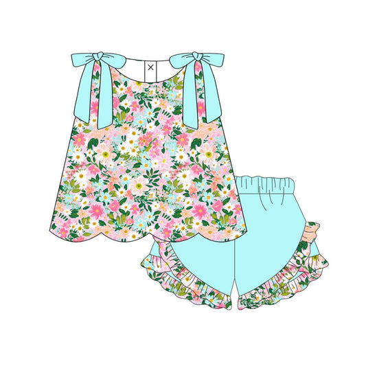 preorder BSSO1984 Flowers Bows Sleeveless Mint Green Shorts Girls Set