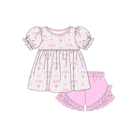 preorder GSSO3557 Pink Flowers Bows Short Sleeve Pink Shorts Girls Set