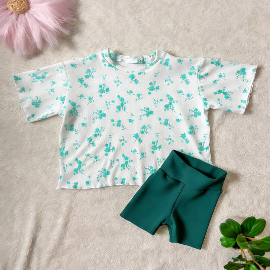 preorder GSSO3559 Flowers Green Short Sleeve Shorts Girls Set