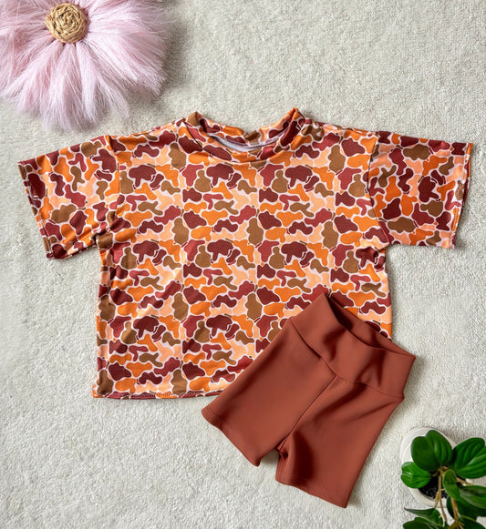 preorder GSSO3560 Camo Brown Short Sleeve Shorts Girls Set