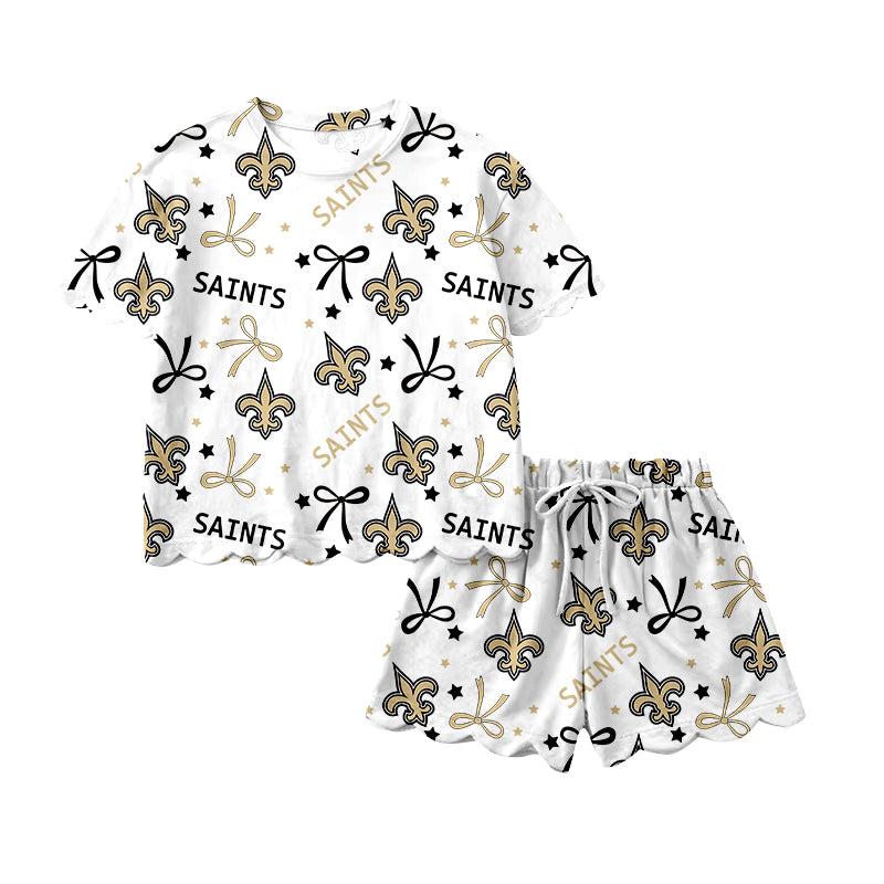 preorder GSSO3561 Scallop Football Team Saints Bows Short Sleeve Shorts Girls Set