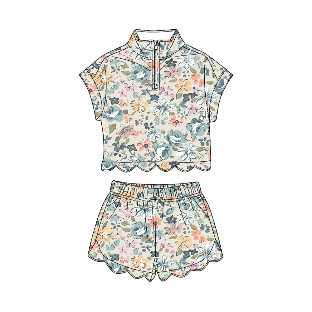 preorder GSSO3572 Scallop Flowers Short Sleeve Shorts Girls Set