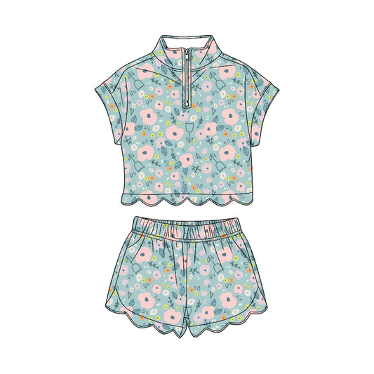 preorder GSSO3573 Scallop Flowers Short Sleeve Shorts Girls Set