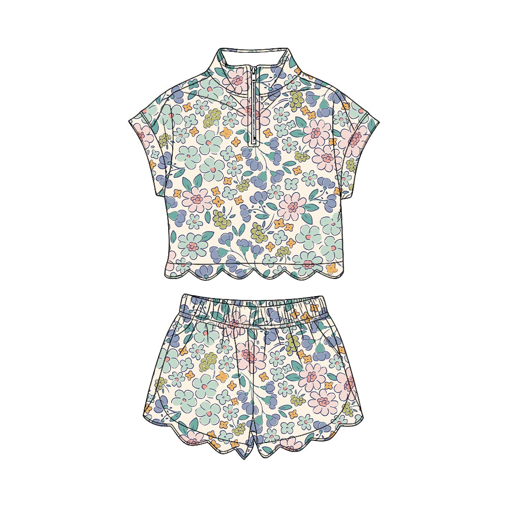 preorder GSSO3574 Scallop Flowers Short Sleeve Shorts Girls Set
