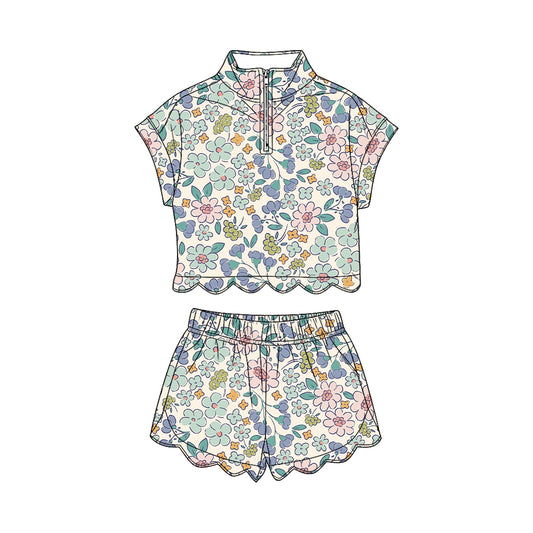 preorder GSSO3574 Scallop Flowers Short Sleeve Shorts Girls Set