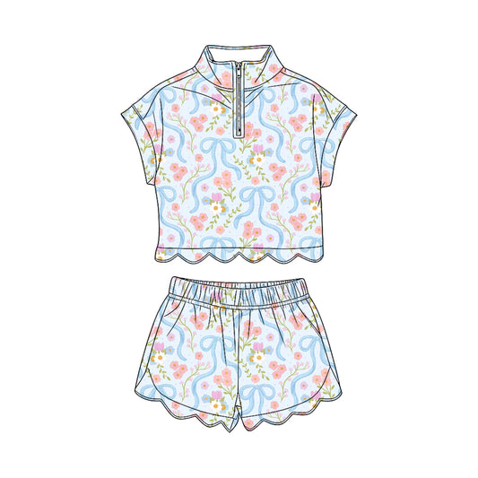 preorder GSSO3575 Scallop Flowers Short Sleeve Shorts Girls Set