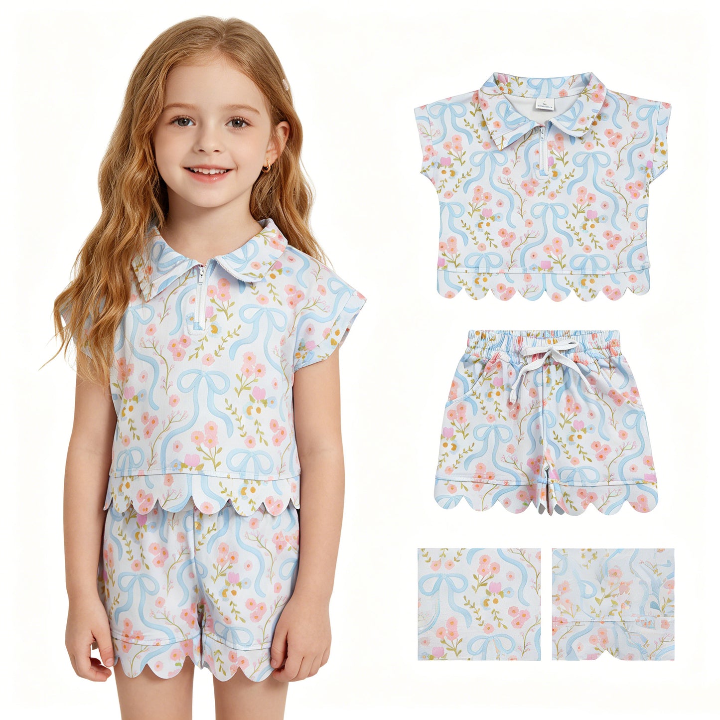 GSSO3575 Scallop Flowers Short Sleeve Shorts Girls Set