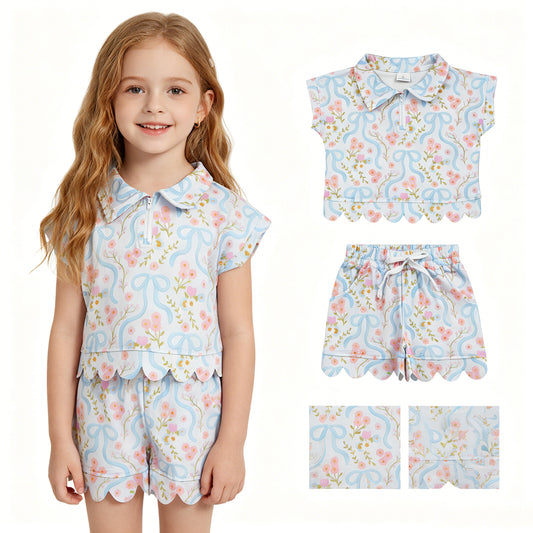 GSSO3575 Scallop Flowers Short Sleeve Shorts Girls Set