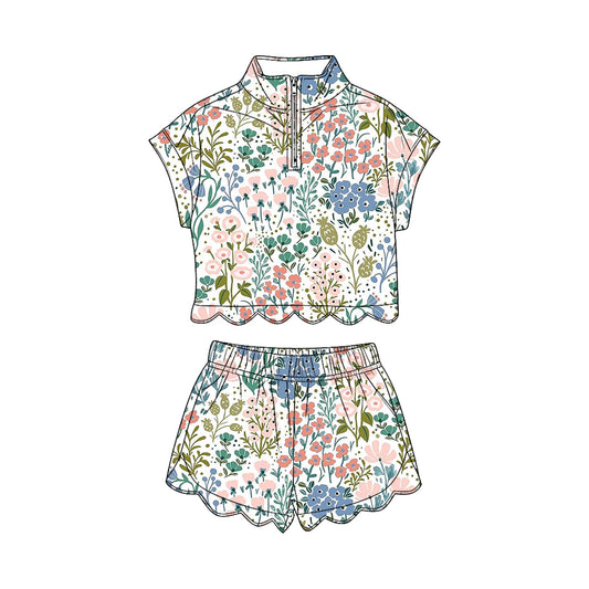 preorder GSSO3576 Scallop Flowers Short Sleeve Shorts Girls Set