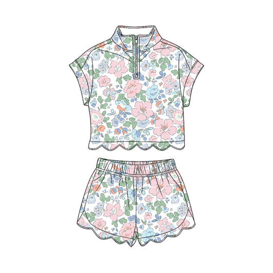 preorder GSSO3577 Scallop Flowers Short Sleeve Shorts Girls Set