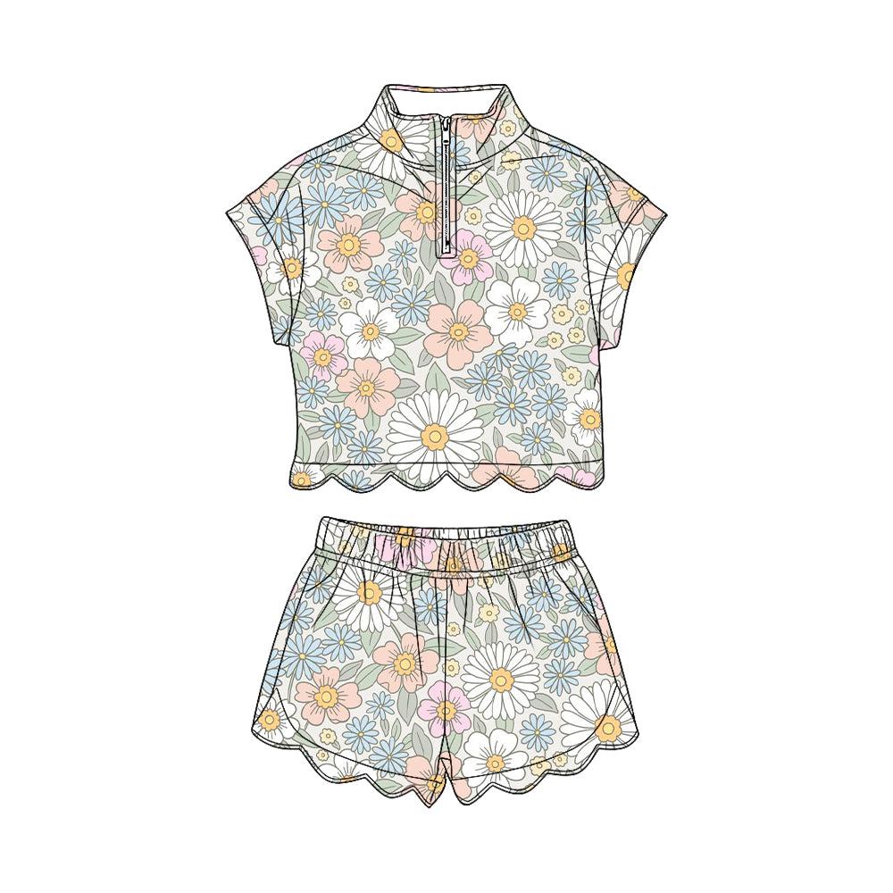 preorder GSSO3578 Scallop Flowers Short Sleeve Shorts Girls Set