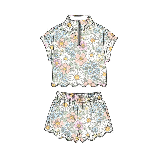 preorder GSSO3578 Scallop Flowers Short Sleeve Shorts Girls Set