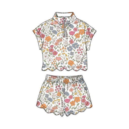 preorder GSSO3579 Scallop Flowers Short Sleeve Shorts Girls Set