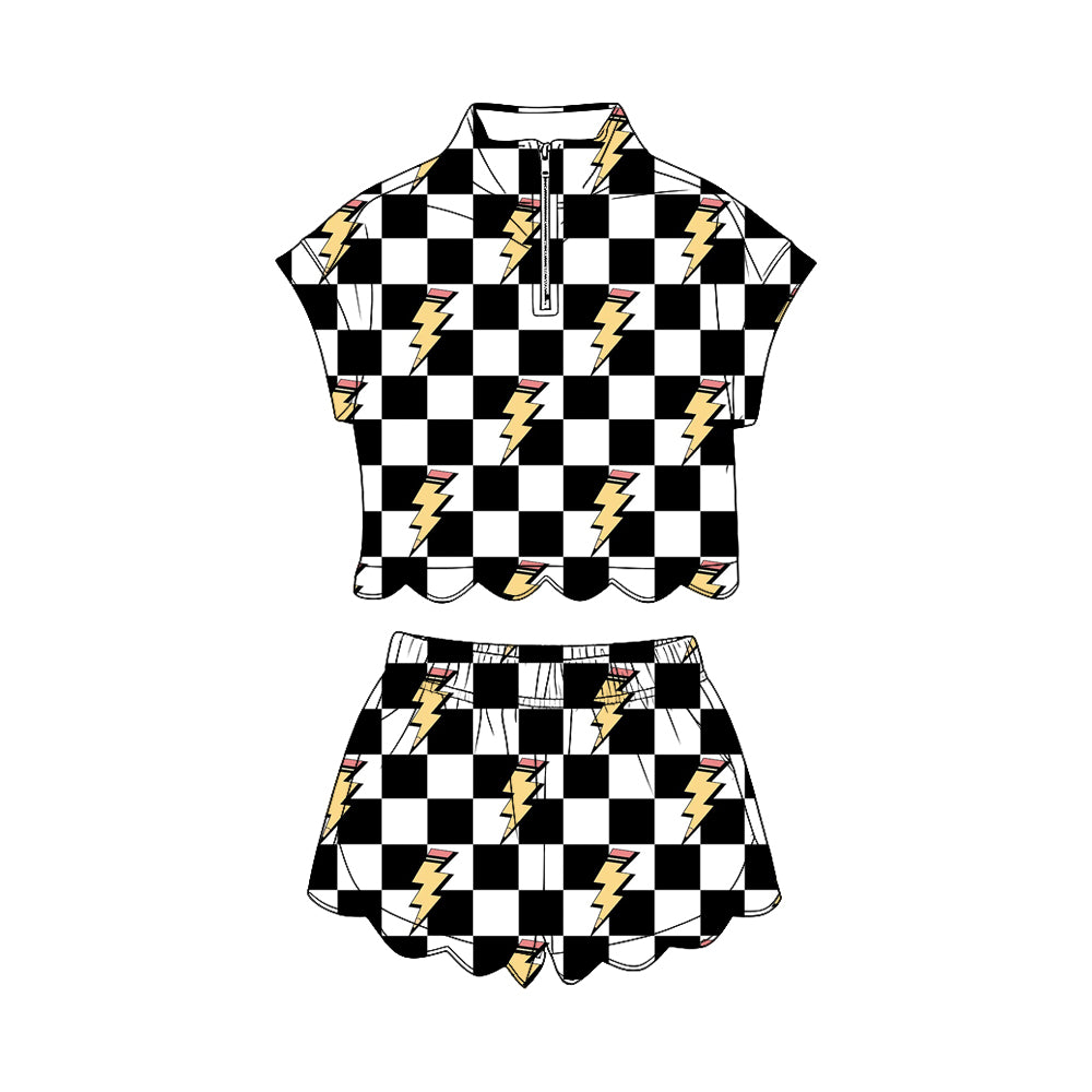 preorder GSSO3580 Scallop Back To School Checkered Short Sleeve Shorts Girls Set