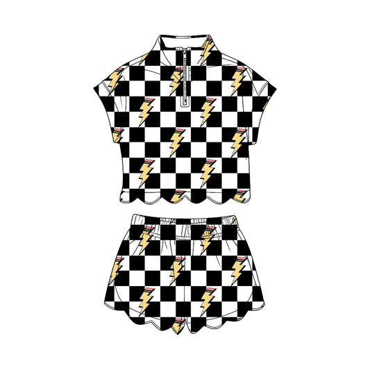 preorder GSSO3580 Scallop Back To School Checkered Short Sleeve Shorts Girls Set