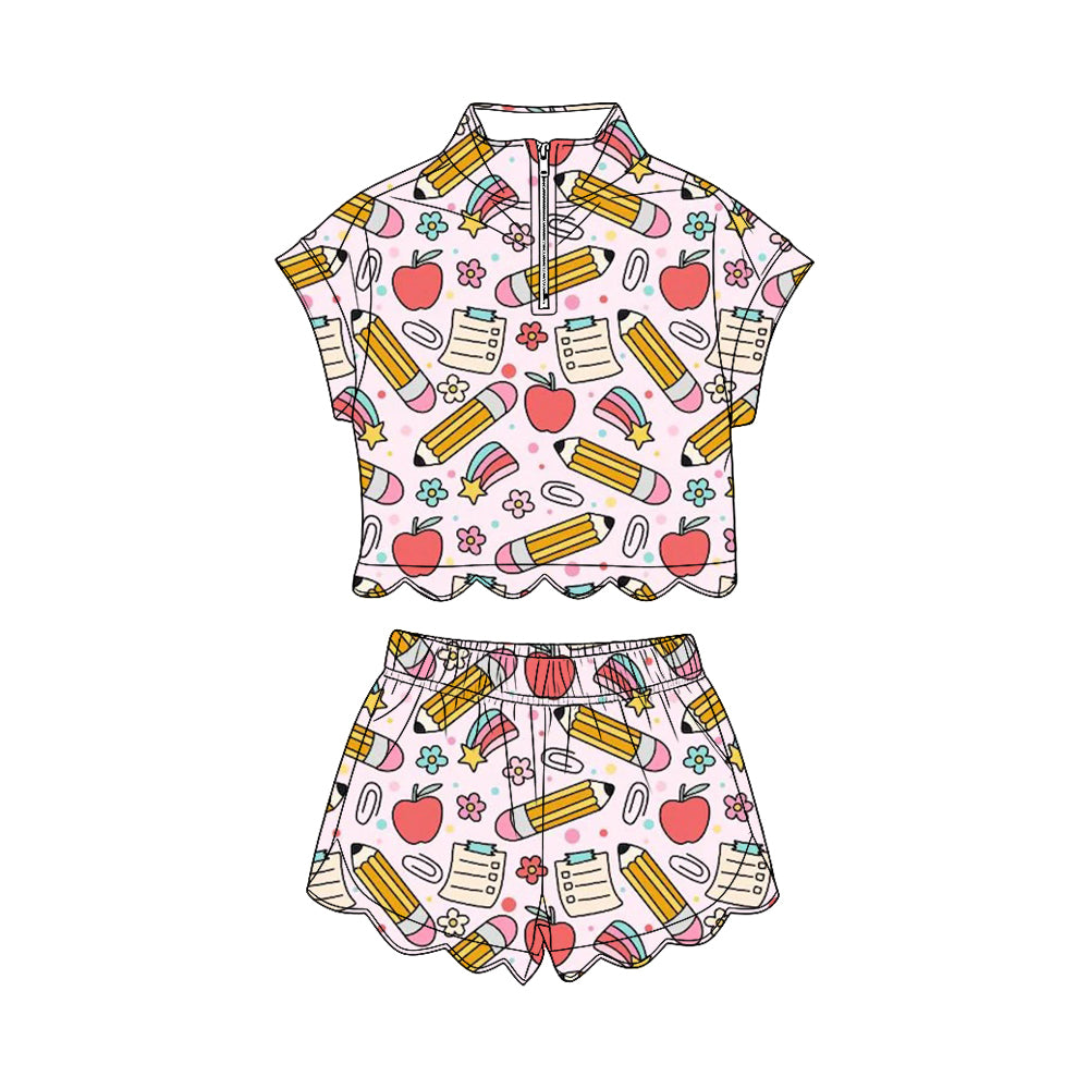 preorder GSSO3581 Scallop Back To School Short Sleeve Shorts Girls Set