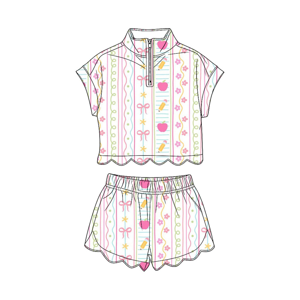 preorder GSSO3582 Scallop Back To School Short Sleeve Shorts Girls Set