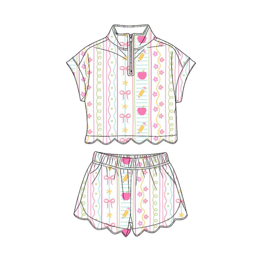 preorder GSSO3582 Scallop Back To School Short Sleeve Shorts Girls Set