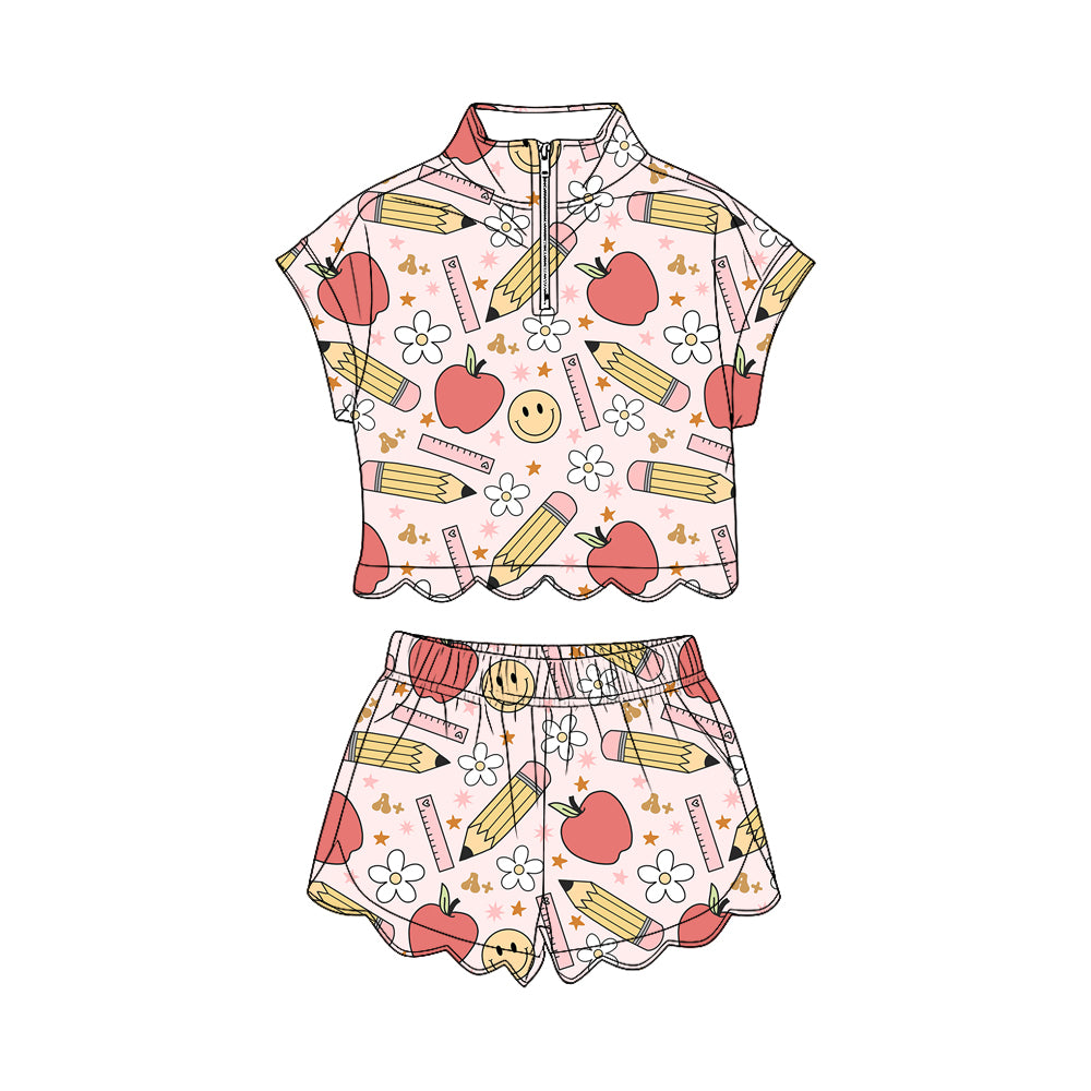 preorder GSSO3584 Scallop Back To School Short Sleeve Shorts Girls Set