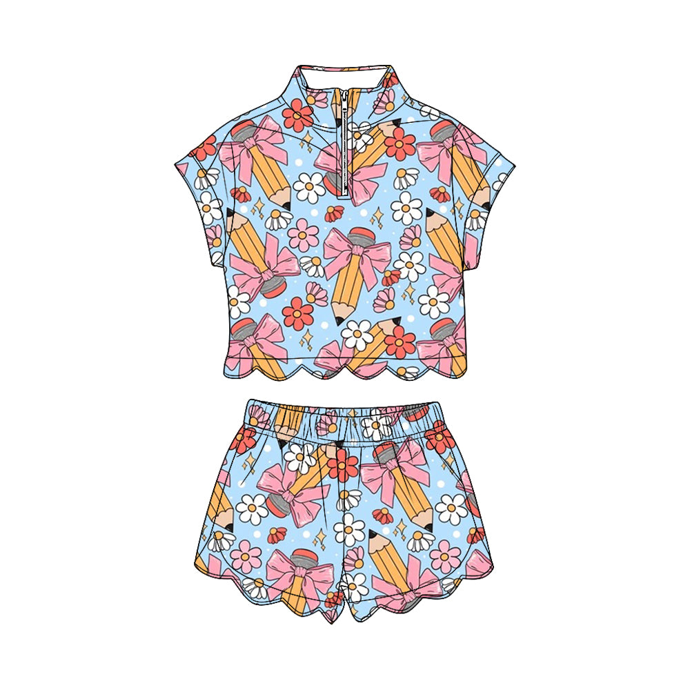 preorder GSSO3585 Scallop Back To School Short Sleeve Shorts Girls Set