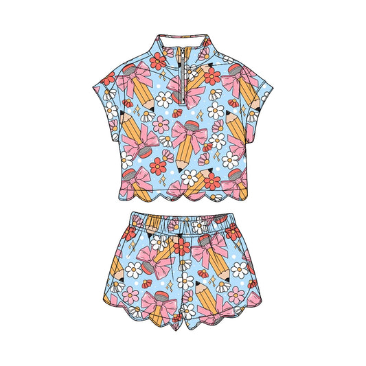 preorder GSSO3585 Scallop Back To School Short Sleeve Shorts Girls Set