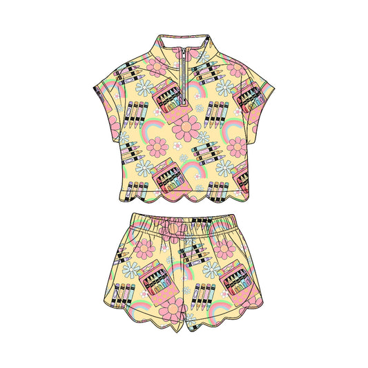 preorder GSSO3587 Scallop Back To School Short Sleeve Shorts Girls Set