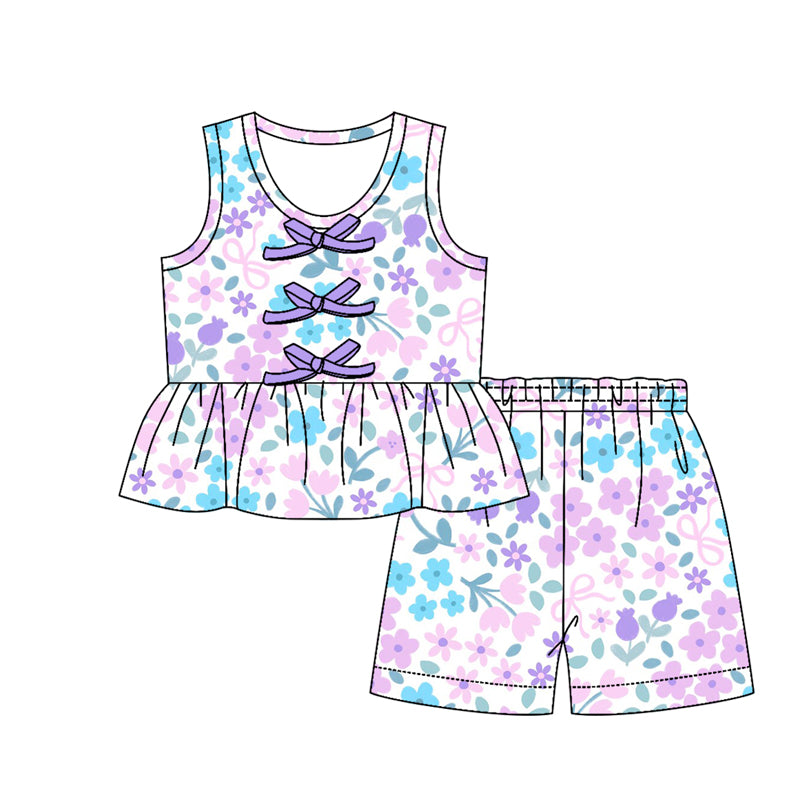 preorder GSSO3589 Flowers Purple Sleeveless Shorts Girls Set