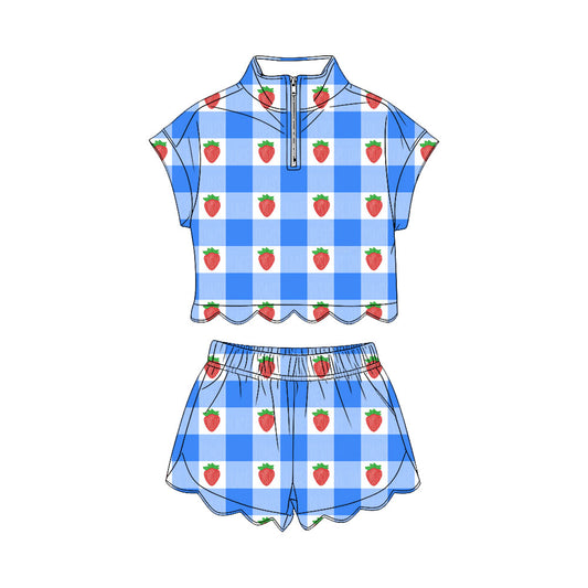 preorder GSSO3600 Strawberry Blue Checkered Scallop Zipper Short Sleeve Shorts Girls Set