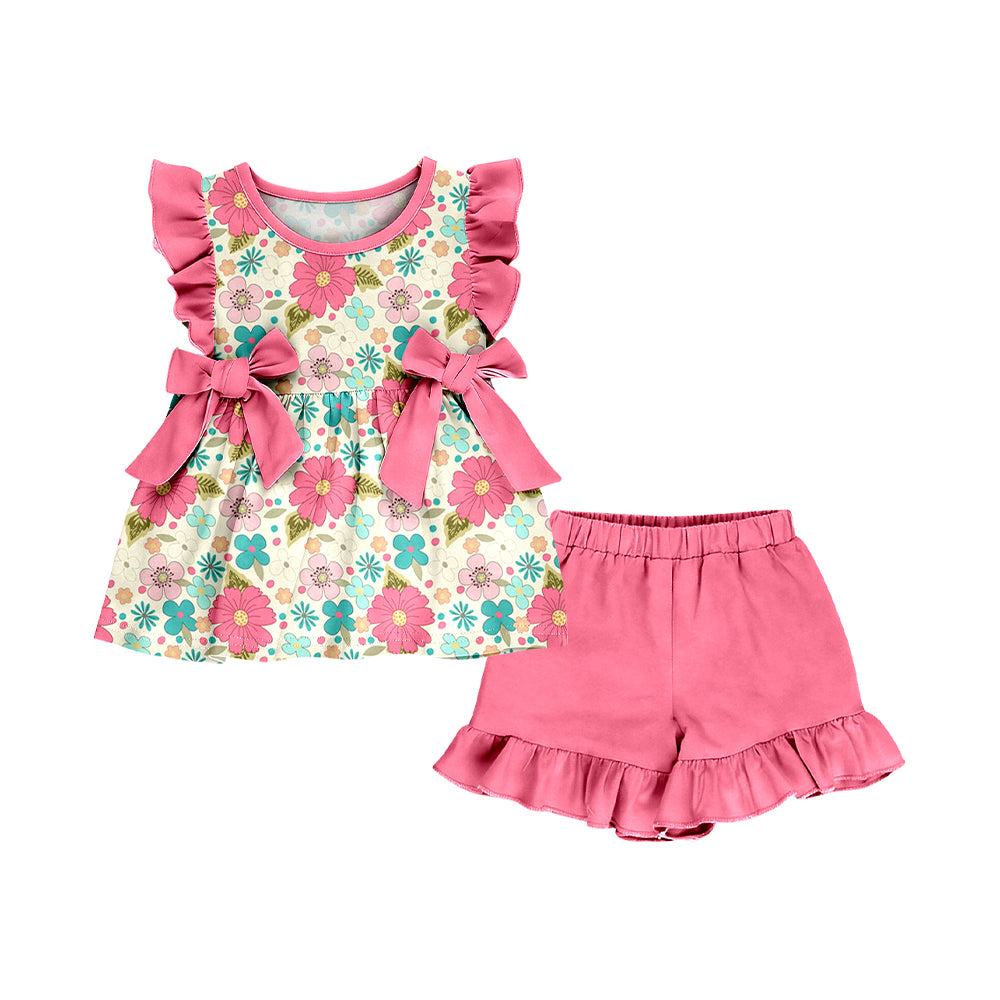 preorder GSSO3601 Pink Flowers Bows Flutter Sleeve Shorts Girls Set