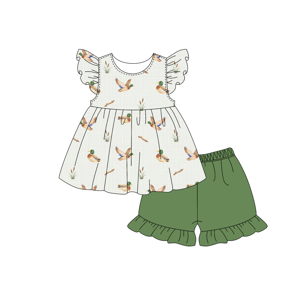 preorder GSSO3602 Hunting Mallard Duck Flutter Sleeve Green Shorts Girls Set