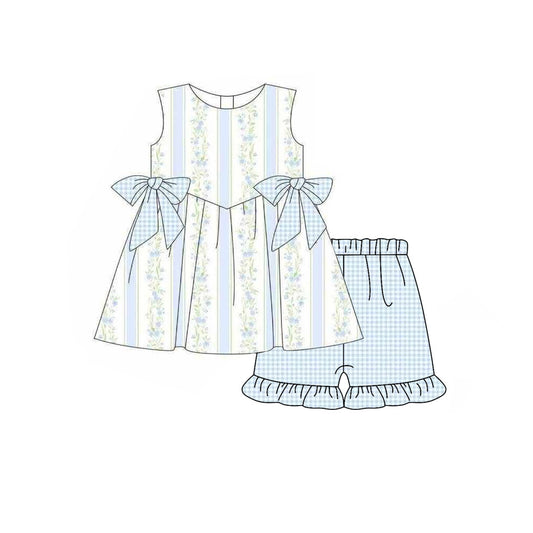 preorder GSSO3604 Blue Flowers Bows Sleeveless Shorts Girls Set