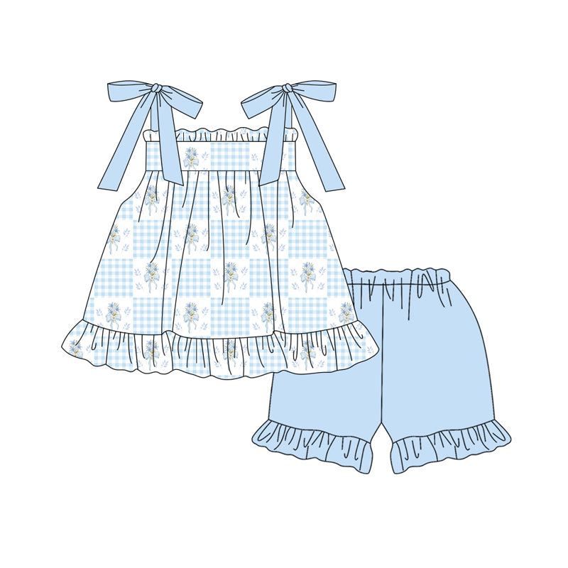 preorder GSSO3605 Blue Flowers Bows Sleeveless Shorts Girls Set