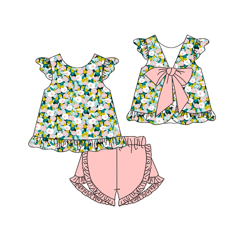 preorder GSSO3606 Flowers With Bow Flutter Sleeve Pink Shorts Girls Set