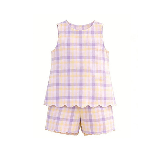 preorder GSSO3608 Scallop Pink Purple Checkered Sleeveless Shorts Girls Set