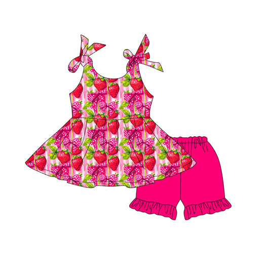 preorder GSSO3609 Strawberry Bows Sleeveless Hot Pink Shorts Girls Set