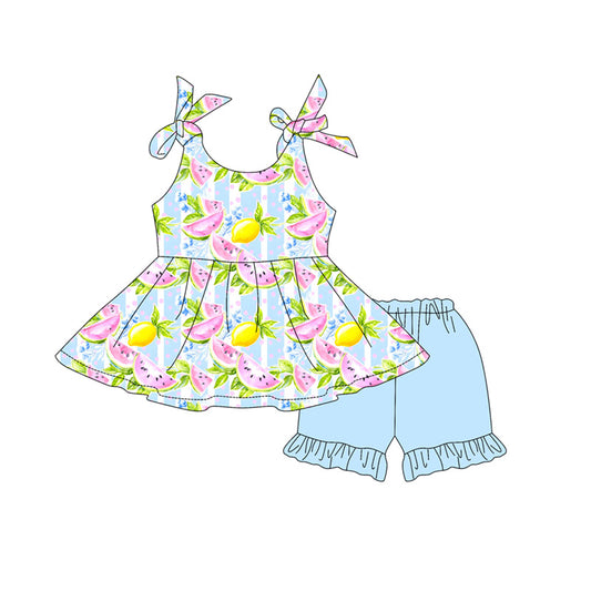 preorder GSSO3610 Watermelon Lemon Sleeveless Light Blue Shorts Girls Set