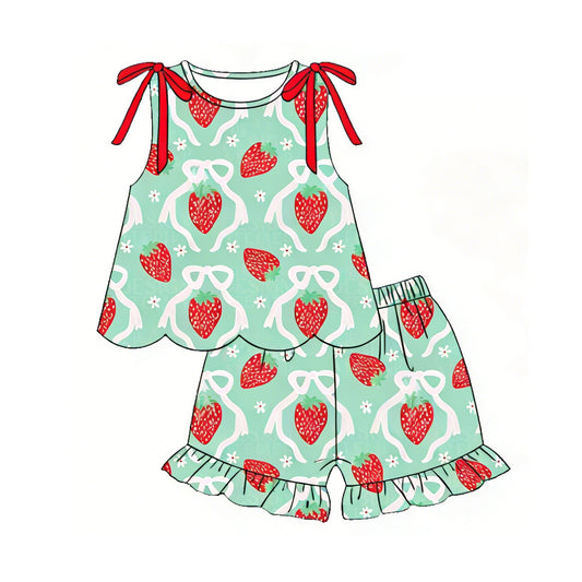 preorder GSSO3613 Strawberry Bows Sleeveless Shorts Girls Set
