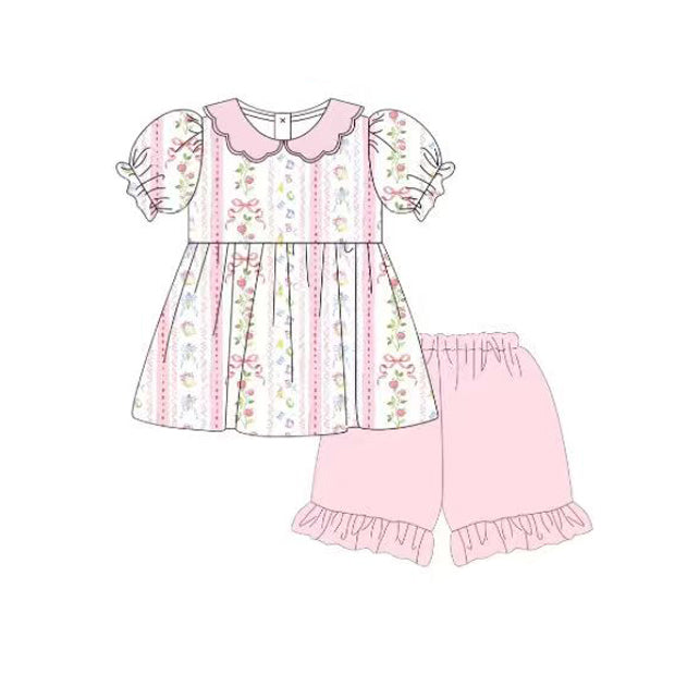 preorder GSSO3615 Pink Flowers Short Sleeve Shorts Girls Set