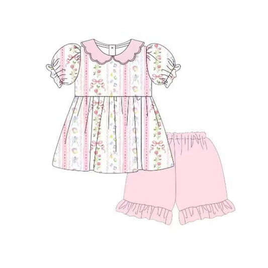 preorder GSSO3615 Pink Flowers Short Sleeve Shorts Girls Set