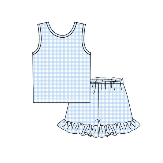 preorder GSSO3624 Blue Checkered Short Sleeve Shorts Girls Set