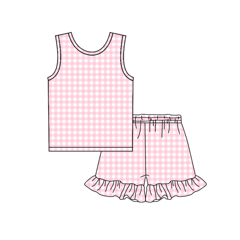 preorder GSSO3625 Pink Checkered Short Sleeve Shorts Girls Set