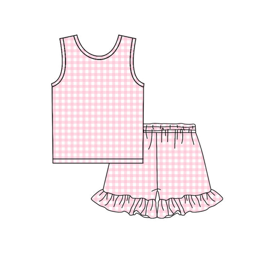 preorder GSSO3625 Pink Checkered Short Sleeve Shorts Girls Set
