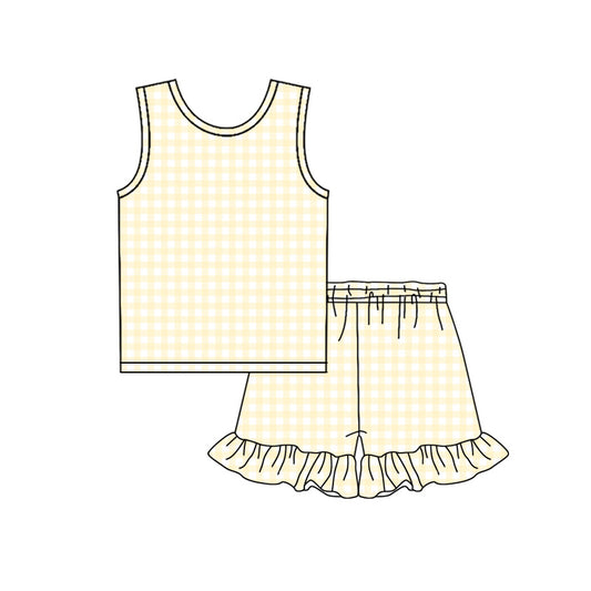 preorder GSSO3626 Yellow Checkered Short Sleeve Shorts Girls Set