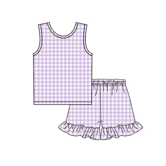 preorder GSSO3627 Purple Checkered Short Sleeve Shorts Girls Set
