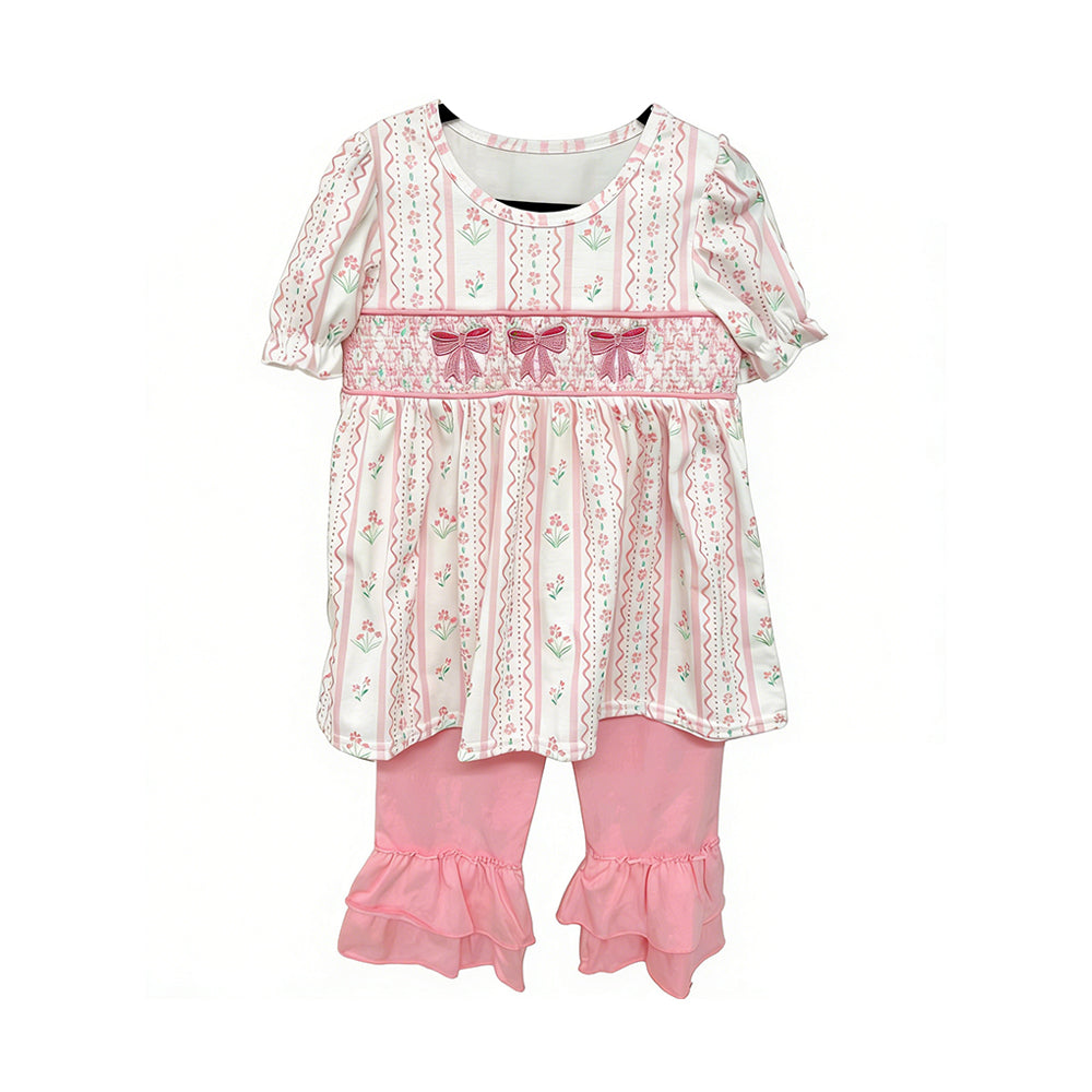 preorder GSSO3630 Pink Bows Flowers Short Sleeve Shorts Girls Set