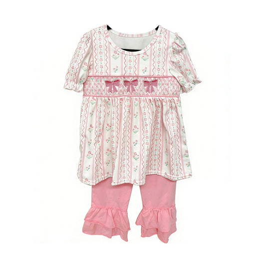 preorder GSSO3630 Pink Bows Flowers Short Sleeve Shorts Girls Set