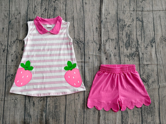preorder Samples GSSO3631 Strawberry Pink Striped Sleeveless Shorts Girls Set